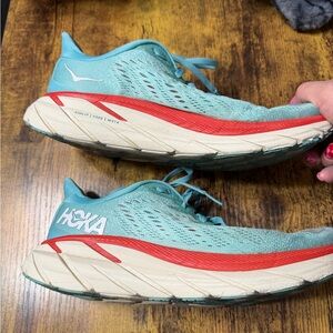 Hoka One One Teal and Red Athletic Shoes